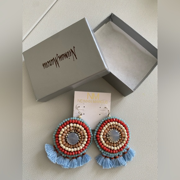 Neiman Marcus Statement Fran Drop Fringe Round Stone Bead Blue Red Cream NWT box - Picture 2 of 15